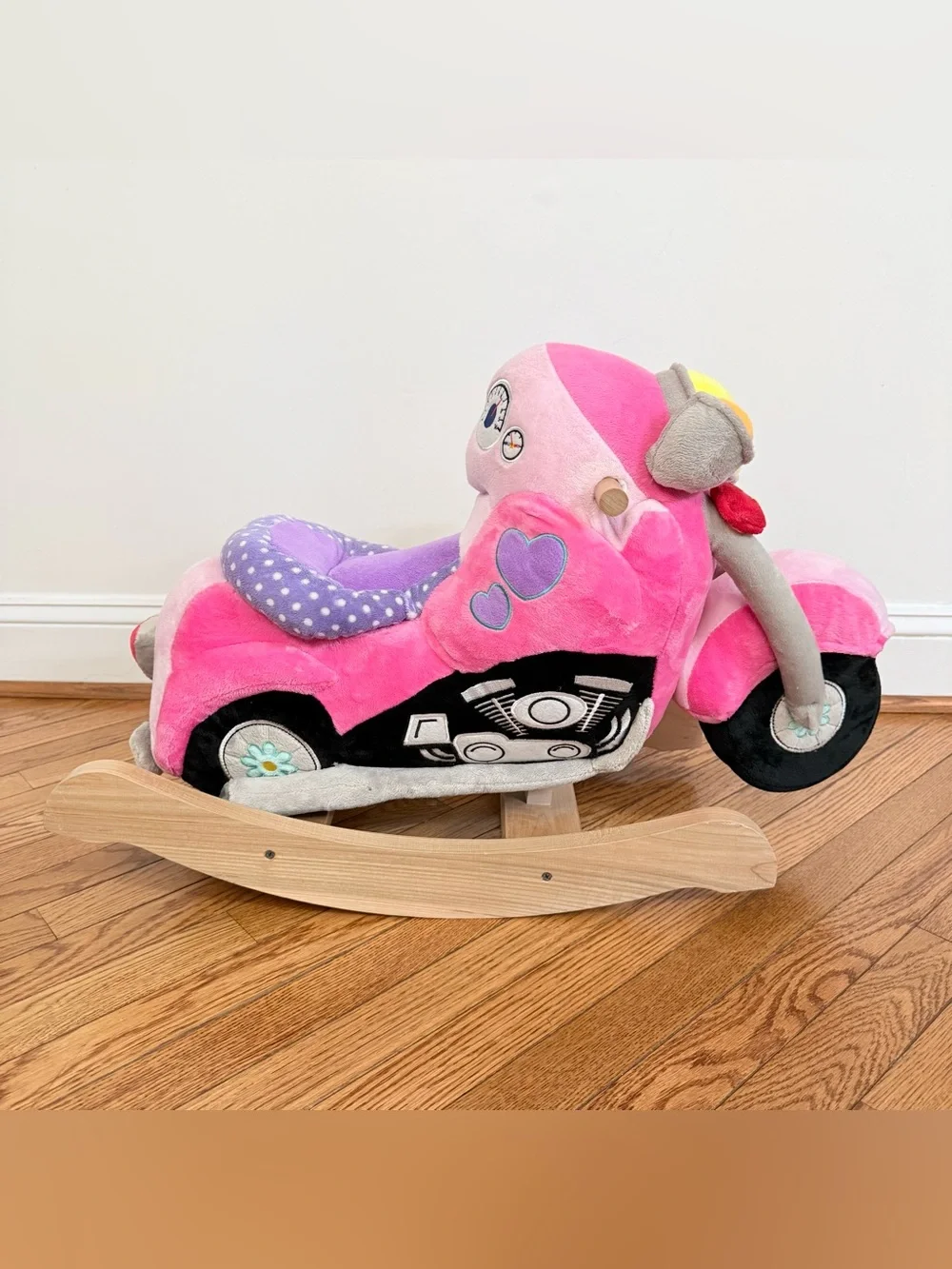 Rockabye Lil Biker Motorcycle Musical Plush Wooden Pink Rocker Baby Toddler New